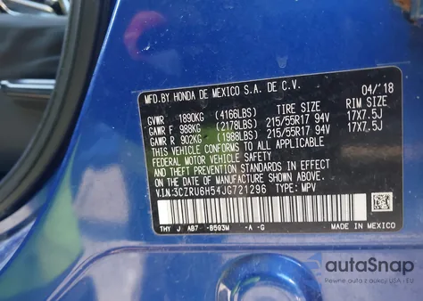 2018 Honda Hr-V Ex из США, поврежденный, VIN 3CZRU6H54JG721296